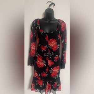 Floral Black and Red Long Sleeve Dress
